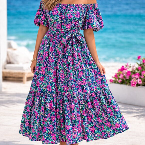 Lilly Pulitzer Dresses & Skirts - Lilly Pulitzer XL Off Shoulder Floral Maxi Dress Puff Sleeve Wrap Belt Resort Re